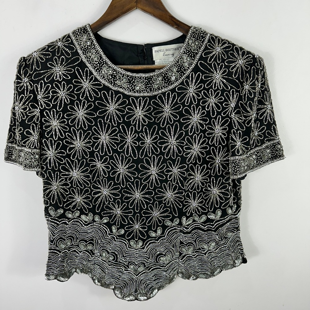 Papell Boutique Silk‎ Beaded Top XL Black Silver 90s Evening Whimsigoth Event